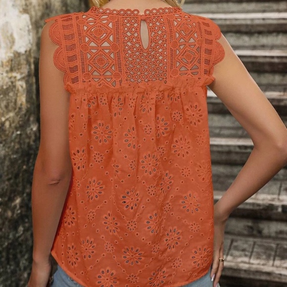 Embroidered Eyelet Scalloped Hem Tank Top
